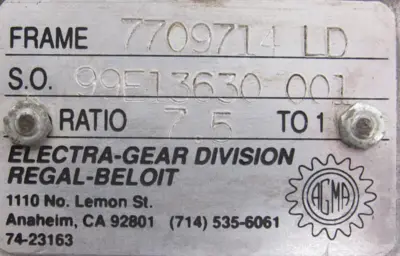 USED ELECTRA GEAR 99E13630-001 GEAR REDUCER 7.5:1 7709714-LD 99E13630001