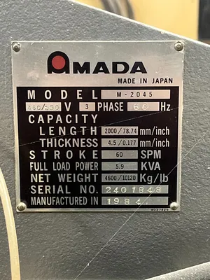 Used 1984 AMADA M-2045 Power Squaring Shears (Inch) Illinois US | Shelby Machinery LLC #1310847