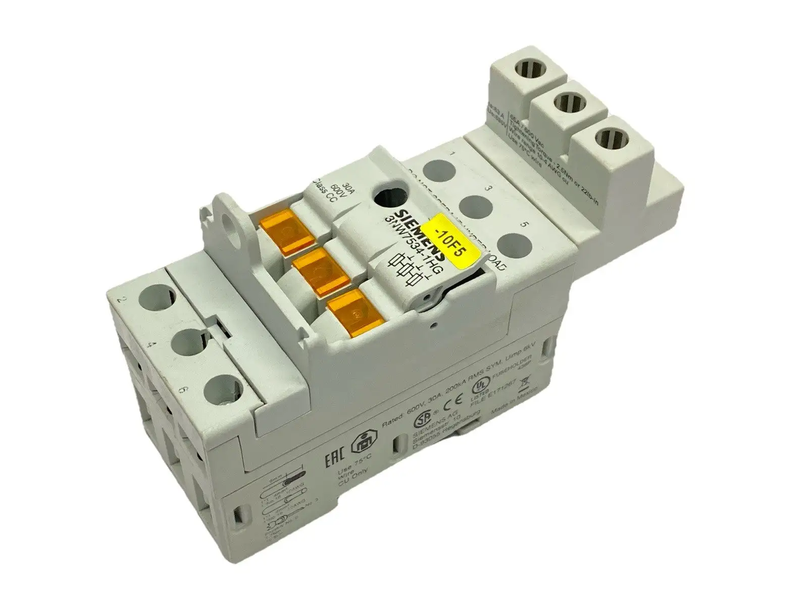 3NW7534-1HG | Siemens  Fuse Holder 3-Pole Class CC 600V 30A w/ 5ST2600 - Used