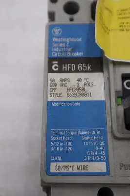 Cutler Hammer Westinghouse HFD3050L Breaker 50 Amp 600 Vac STK CC224