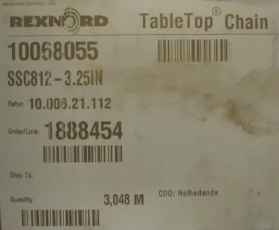 NEW REXNORD 10068055 TABLE TOP CONVEYOR STAINLESS CHAIN SSC812-3.25IN 10FT