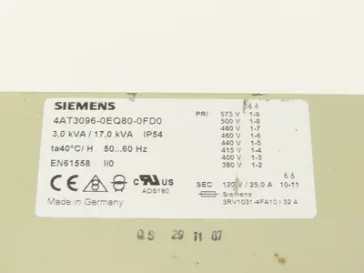 Siemens 4AT3096-0EQ80-0FD0 Stepdown Transformer 3/17kva HV 280-575V LV 120V 1PH