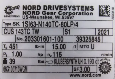 NEW NORD SK1SI63-N140TC-80LP/4 REDUCER 15:1 SK80LP/4 CUS 143TC TW 1HP