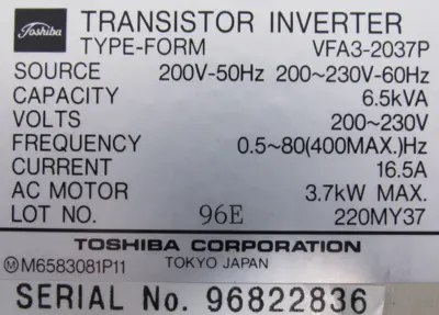 NEW TOSHIBA VFA3-2037P INVERTER 6.5KVA VFA32037P