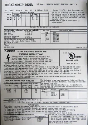 NEW EATON DH361NDKJ-DEMA SAFETY SWITCH 30A 600V DH361NDKJDEMA TYPE 12
