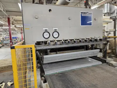WEMHONER 5’ x 10’ SINGLE-OPENING SHORT-CYCLE FEED-THROUGH HOT PRESS WITH AUTOMATIC MATERIAL MEASURING/PRESSURE SYSTEM
