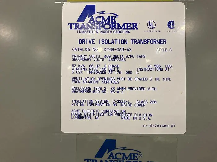 Used 63 KVA ACME DRIVE ISOLATION TRANSFORMER DTGB-63-4S Transformers | Paper Converting Equipment #395845