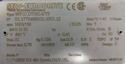 NEW SEW EURODRIVE WF10 DT56L4/TF GEAR MOTOR WF10DT56L4TF RPM 1600/156 460V