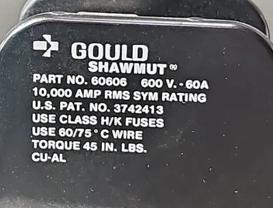 GOULD SHAWMUT 60606 CLASS H/K FUSEHOLDER 60A 600V. Loc4E-24
