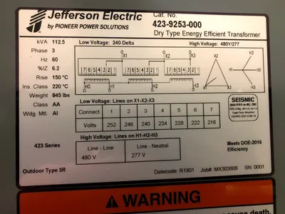 Factory New 112.5 KVA STEP UP Dry Type Transformer 240 Delta 480Y/277 10 Year Warranty 423-9253-000