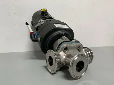 USED ITT SHEROTEC 3-WAY STAINLESS STEEL VALVE W/ 2" SANITARY FIT & POSITION MONITOR