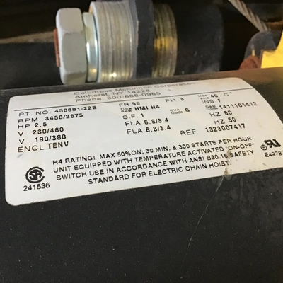 BUDGIT BEHCO310 Chain Hoist 3 Ton Capacity 2.5HP 50/60Hz 3PH 10fpm Speed w/Motor