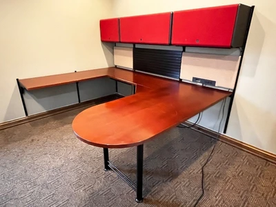 U-Shaped Desk with Roll-Top Wall Unit