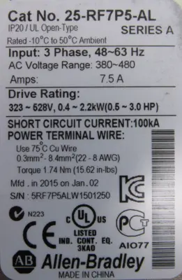 USED ALLEN BRADLY 25A-D1P4N104 POWERFLEX 523 DRIVE .05HP W/ 25-RF7P5-AL