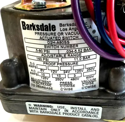 NEW BARKSDALE D2H-A80SS PRESSURE SWITCH D2HA80SS