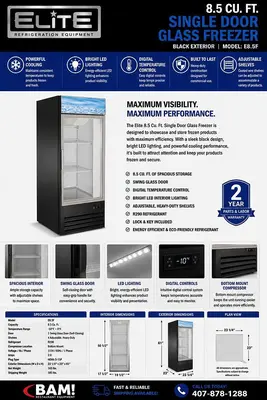 Elite Glass Single Door Freezer 8.5Cu. Ft.