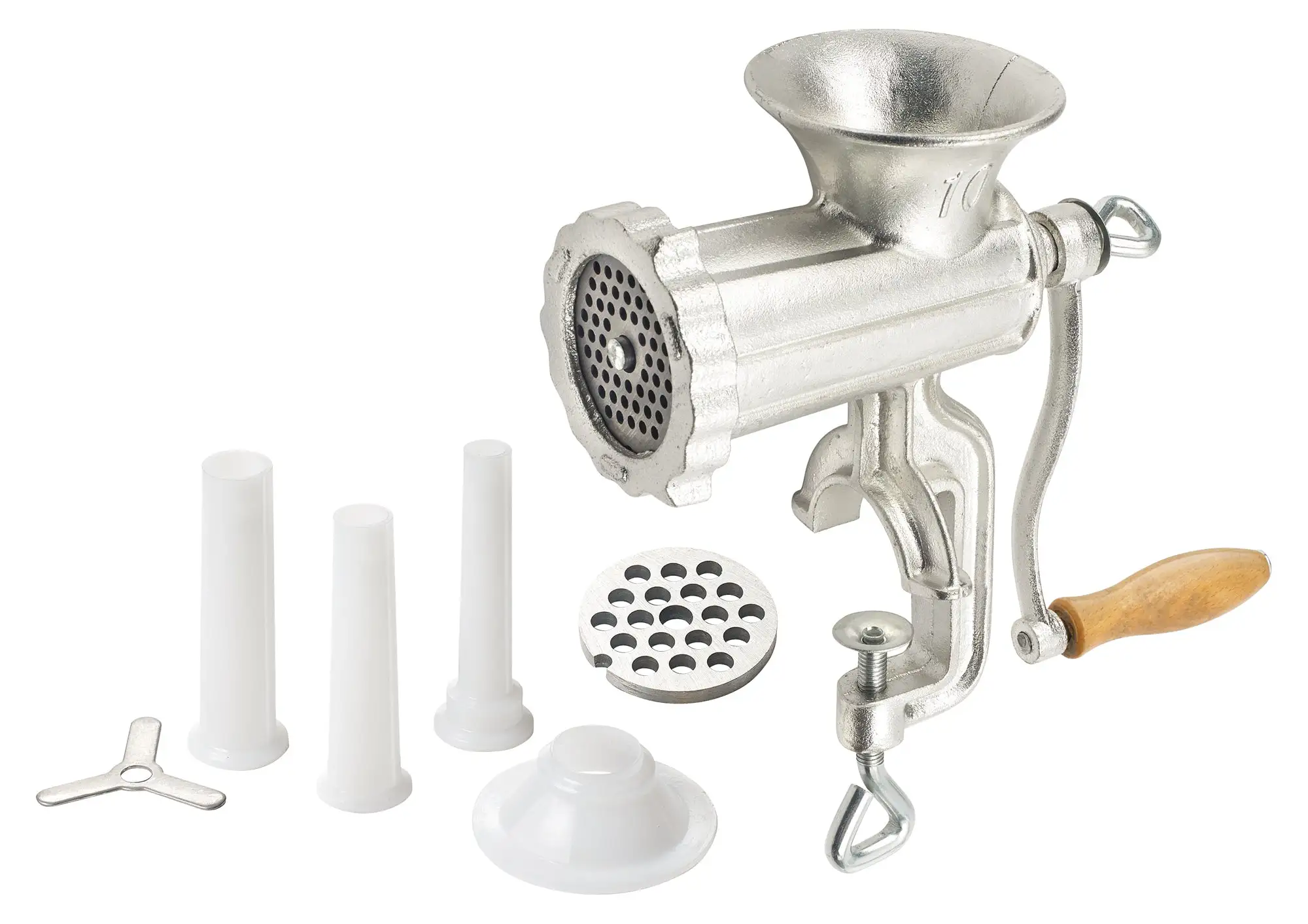 Manual Meat Grinder, Clamp Base, #10 Hub, Includes: 2 Plates & 3 Stuffing Tubes (2 Set)