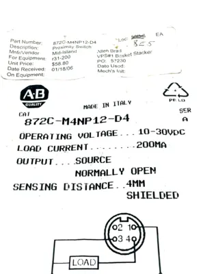 ALLEN BRADLEY 872C-M4NP12-D4 PROXIMITY SWITCH SER.A 872CM4NP12D4 NEW, SURPLUS