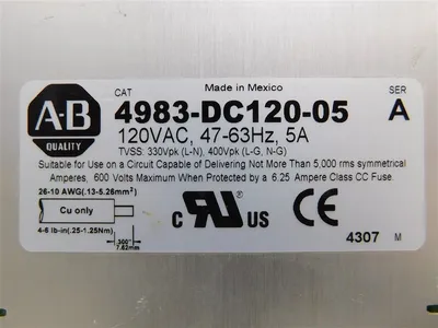 AB 4983-DC120-05 Power Supply 120VAC 47-63Hz, 5A Ser. A TVSS: 3300Vpk L-N Used