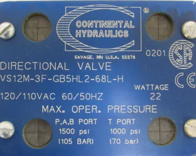 NEW CONTINENTAL HYDRAULICS VS12M-3F-GB5HL2-68L-H VALVE VS12M3FGB5HL268LH
