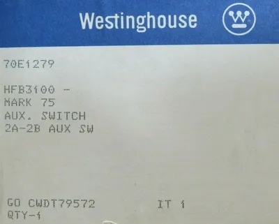 NEW WESTINGHOUSE HFB3100 CIRCUIT BREAKER 4979D06G08 125/250V 2A2B AUX SW