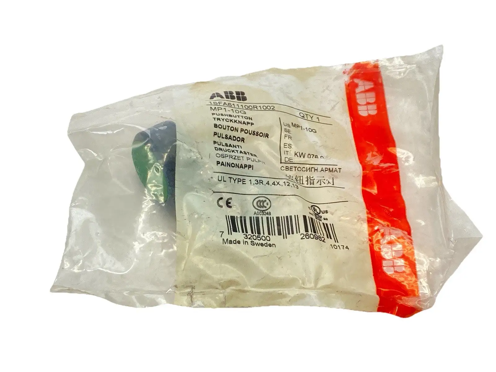 NEW ABB 22MM MOMENTARY FLUSH GREEN PUSHBUTTON MP1-10G