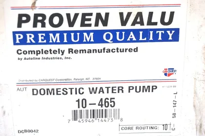 CARQUEST 10-465 REMANUFACTURED DOMESTIC WATER PUMP 10465