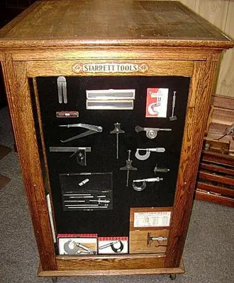 5526-385 Antique Original Oak Starrett Tools Display Cabinet with Tool Collection