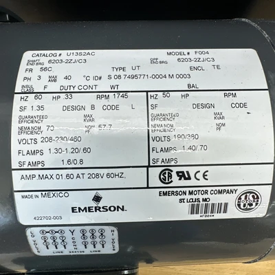New | in-Stock Emerson U13S2AC Motors (misc) Indiana US | J&J Industrial Supply #1328189