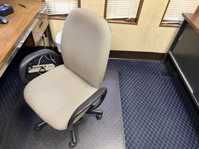 Contents of office furniture, includes (1) steel frame, wood desk, 76" x 38", (2) rolling office cha...