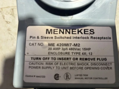 Mennekes ME420MI7 MECHANICAL INTERLOCK RECEPTACLE 20 AMP 4 W 480 VAC
