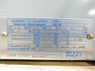 Used GE VB 4.16-350-3 Circuit Breakers Ohio US | Equipment Recovery Corp. #1330505