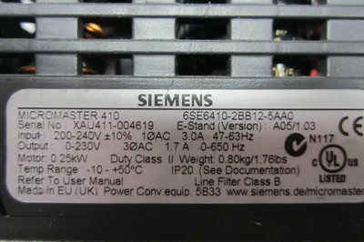 SIEMENS 6SE6410-2BB12-5AA0 DRIVE WITH OPERATOR INTERFACE 6SE64102BB125AA0