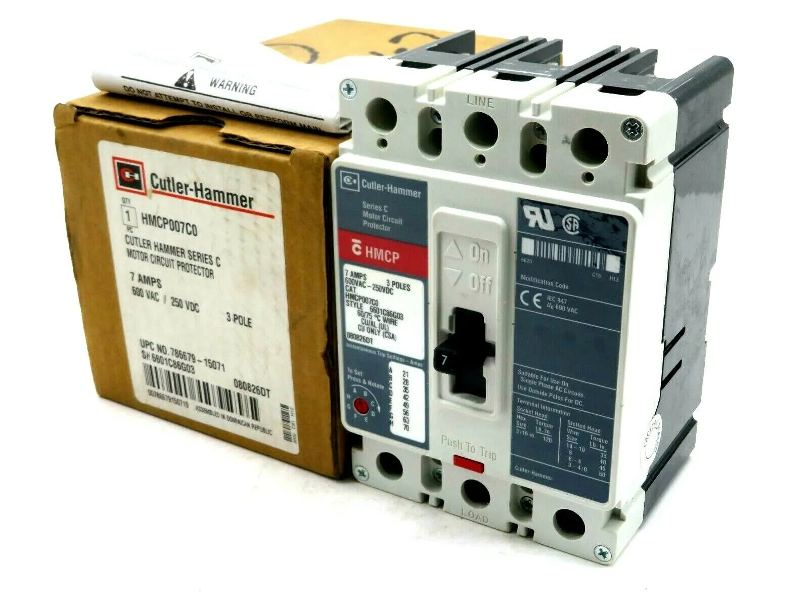 NEW CUTLER HAMMER HMCP0070C0 MOTOR CIRCUIT PROTECTOR SER.C 7AMPS 600VAC 250VDC