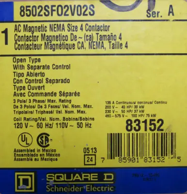 NEW SQUARE D 8502SF02V02S NON-REVERSING CONTACTOR SER.A SIZE 4