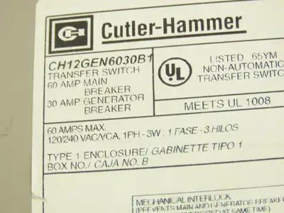 Cutler Hammer CH12GEN6030B1 Breaker Panel Generator Transfer 60/30A 120/240V