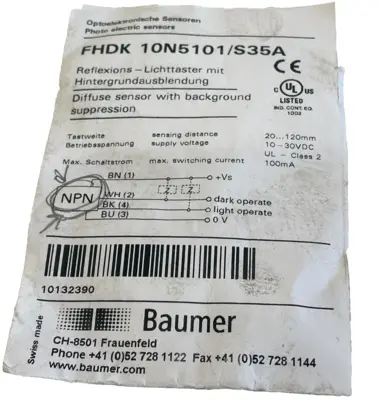 NEW BAUMER FHDK 10N5101/S35A DIFFUSE PHOTOELECTRIC SENSOR