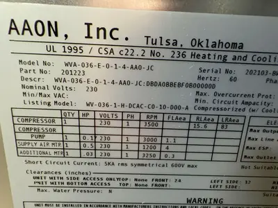 USED AAON DANDELION WVA036E014AA0JC