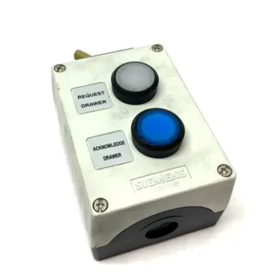 USED SIEMENS PLASTIC ENCLOSURE W/ BLUE & WHITE LED PUSHBUTTONS