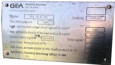 Westfalia RSE 70-01-576 antibiotic separator, 316SS.