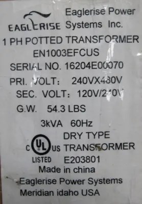 NEW EAGLERISE EN1003EFCUS TRANSFORMER 3KVA 240x480V 120x240V