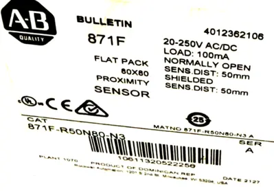 ALLEN BRADLEY 871F-R50N80-N3 PROXIMITY SENSOR 871FR50N80N3 NEW, SURPLUS