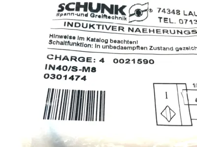 IN40/S-M8, 0301474 | Schunk IN40/S-M8 Inductive Proximity Switch 0301474 - New