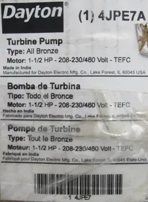 NEW DAYTON 4JPE7A TURBINE PUMP 208-230/460V 1.5HP 1"