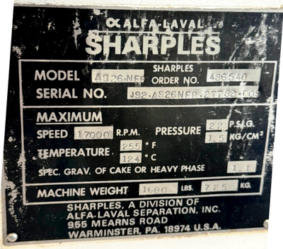 Sharples AS-26NFP biotech Super centrifuge, 316SS.