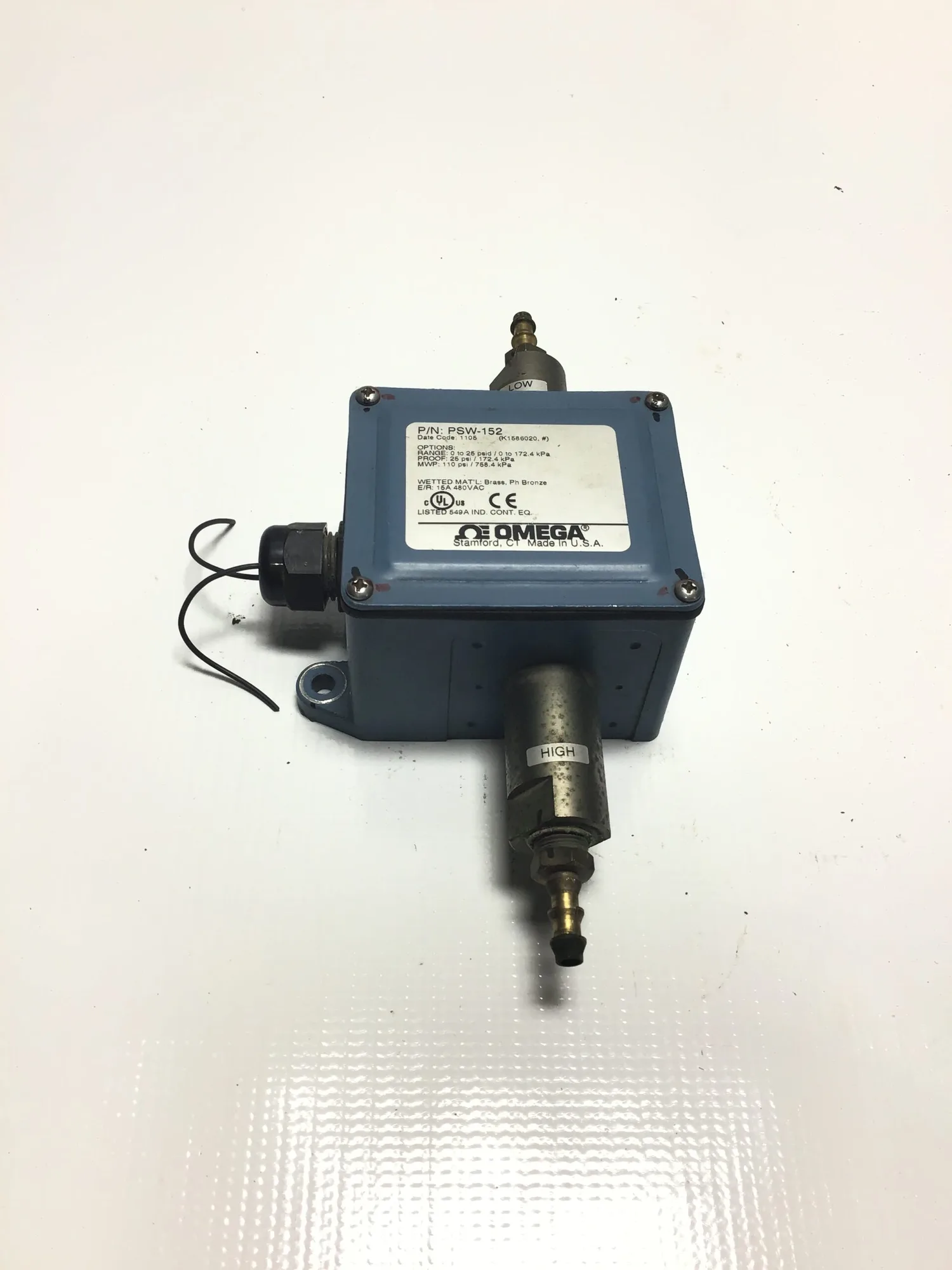 Omega PSW-152 General Purpose Industrial Pressure Switch 0-25PSID 0-172.4kPa