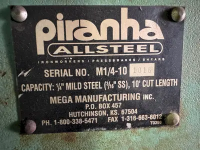 10' X 1/4" PIRANHA M1/4-10 HYDRAULIC SHEAR. STOCK # 0342325