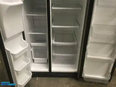USED FRIGIDAIRE STAINLESS STEEL AND BLACK SIDE BY  SIDE REFRIDGERATOR HIGH EFFICANCY ENERGY STAR