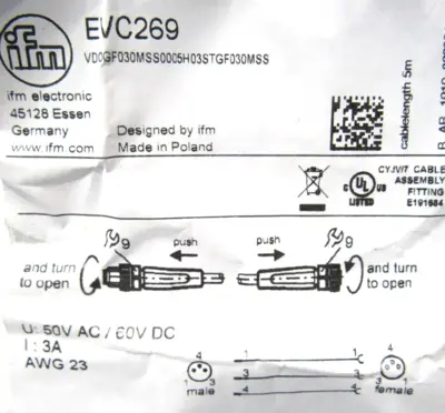 NEW IFM EFECTOR VDOGF030MSS0005H03STGF030MSS CABLE EVC269