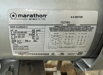 Gast 3/4 HP 1023-101Q-G279 Vacuum Pump Compressor 5K49MN4012 Marathon Motor